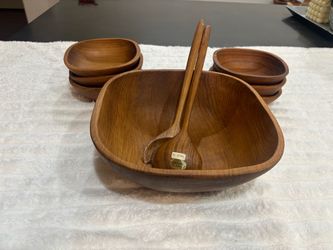 🌿 Vintage Hand-Carved Teak Salad Bowl Set – 8 Pieces