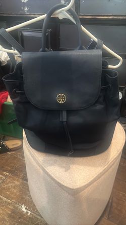 Authentic Tory Burch Scout Blue Nylon Flap Backpack with Saffiano Leather