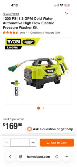 Ryobi 1200 PSI Electric Pressure Washer Kit