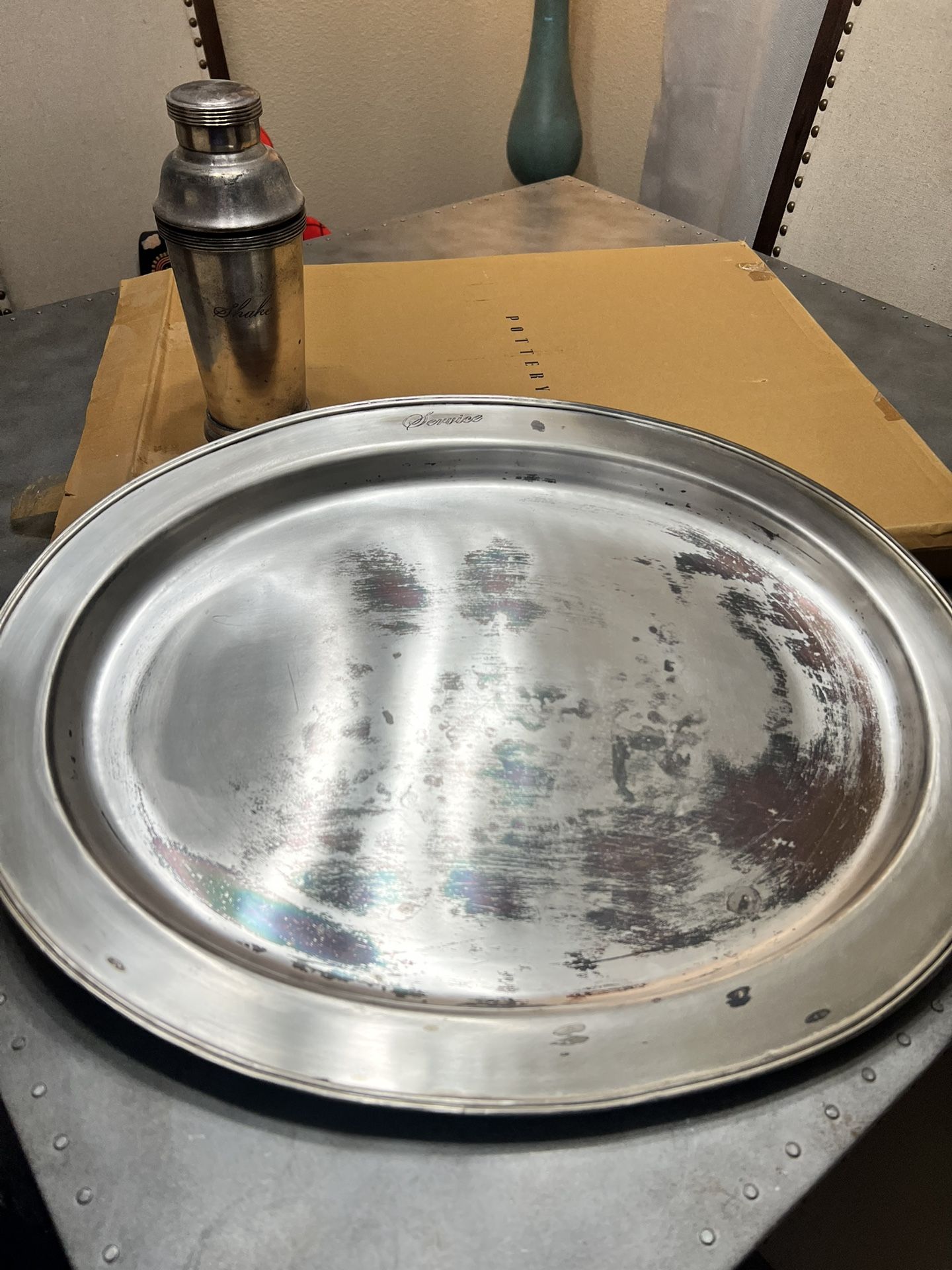 Silver Pottery Barn Serving Tray and Cocktail Mixer