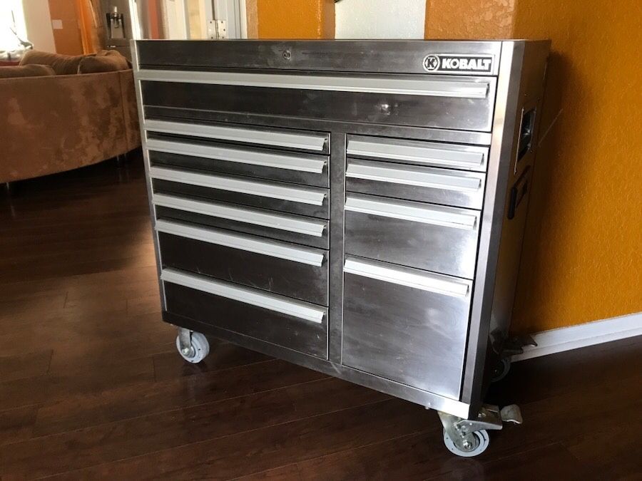 PRICE IS FIRM. Kobalt 3000 41-in W x 41-in H 11-Drawer Ball-bearing Stainless Steel Tool Cabinet in great condition except for a few holes on the top