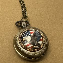 American Flag Eagle Vintage Pocket Watch Alloy Watch Pendant Necklace Men Women Gift