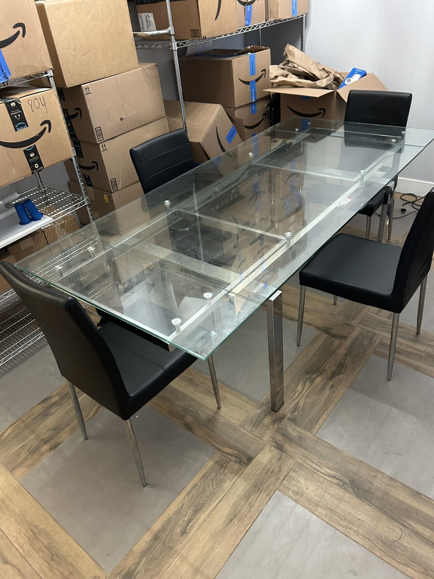 Large Glass Kitchen Table W 4 Black Leather Chairs 