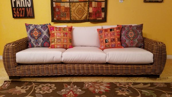 Open Box New Eldridge Wicker 87 Patio Sofa With Sunbrella Cushions Brown White Smith Hawken For In Boca Raton Fl Offerup