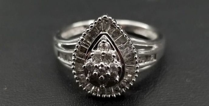 10 K Solid, White Gold And Natural Diamonds, Halo Cluster Ring