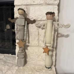 Pair of Handcrafted Wooden Angels Made from Stair Balusters