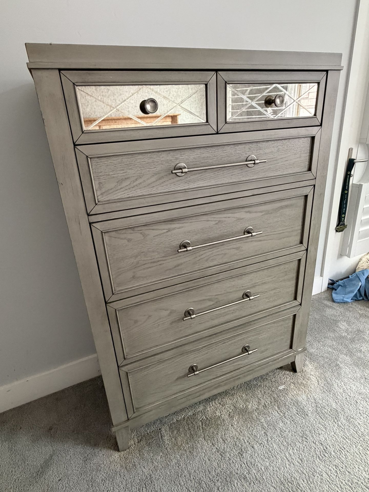5-Drawer Dresser – Gray Wood with Mirrored Detail