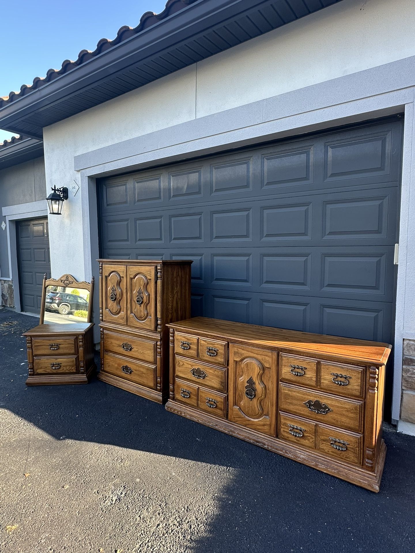 Vintage Solid Wood Bedroom Set – Dresser, Tall Dresser, Mirror & Nightstand