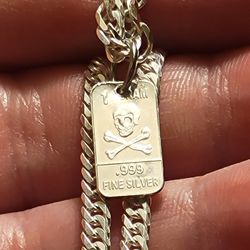 999 Fine Silver Ag Skull & Crossbones Pendant Charm - New - 25mm - Reversible