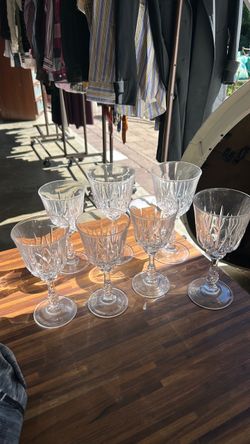 Set of 7 Cut Crystal Wine Glasses, Starburst Pattern