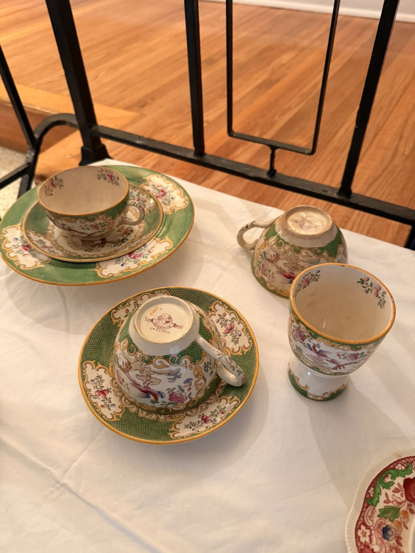 6 pcs vintage Minton bone china pieces in the "Green Cockatrice" pattern