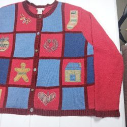 Vtg Women's Med Christmas Holiday Country Patches Embroidered Wool Cardigan  