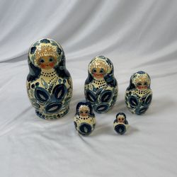 Vintage Hand-Painted Russian Nesting Dolls Matryoshka Set Gzhel Style, Signed