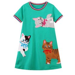 Girl's Short Sleeve Dress Cotton Casual Swing Twirly Sundress with Cats 6Y