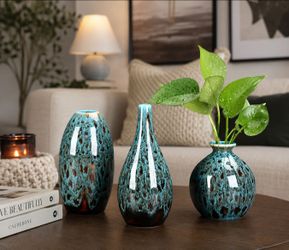 🩵 Modern Boho Blue Ceramic Vase Set (3 PCS) – New Home Décor
