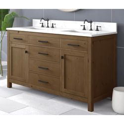 60” Double Bathroom Vanity – Natural Wood Base & Carerra Top $2300 Retail “open box” Delivery Avail