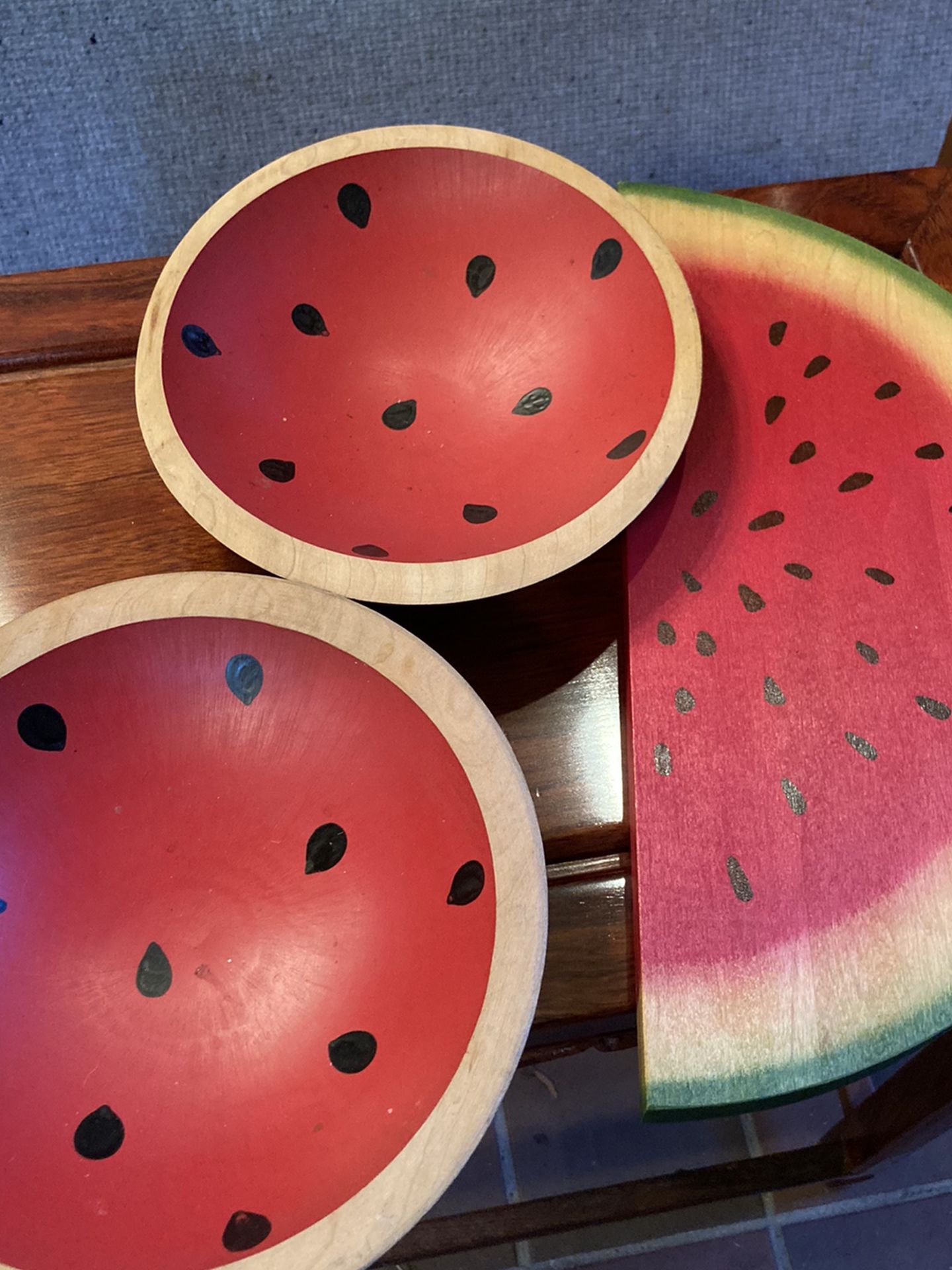 Two rare wood watermelon bowls and serving board