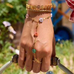 1pc Bohemian Style Asymmetrical Colorful Floral Stainless Steel Full Finger Ring Bracelet, Suitable For Women's Daily Or Vacation Outfits