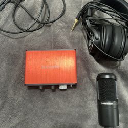 focusrite, audio technica mic and headphones