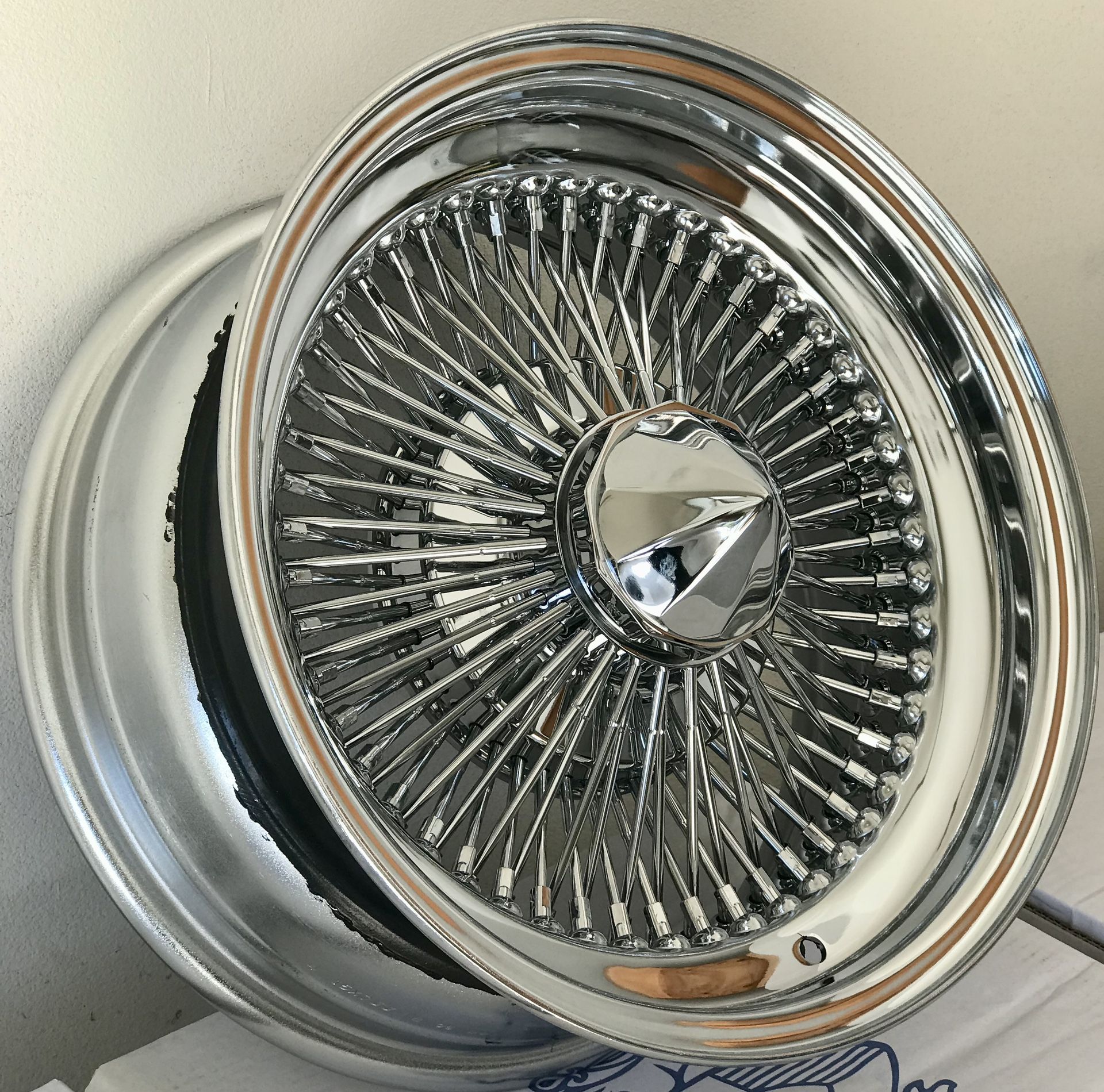 New (4) 15x7” inch Chrome 100 Spoke Wire Wheels Rims w/ 5 Lug Adapters + Bullet Tip Knock Offs (No Credit Easy Financing} 🤑 🔥
