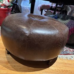 Round Brown Leather Ottomon 30 x 30 x 15 with wooden feet