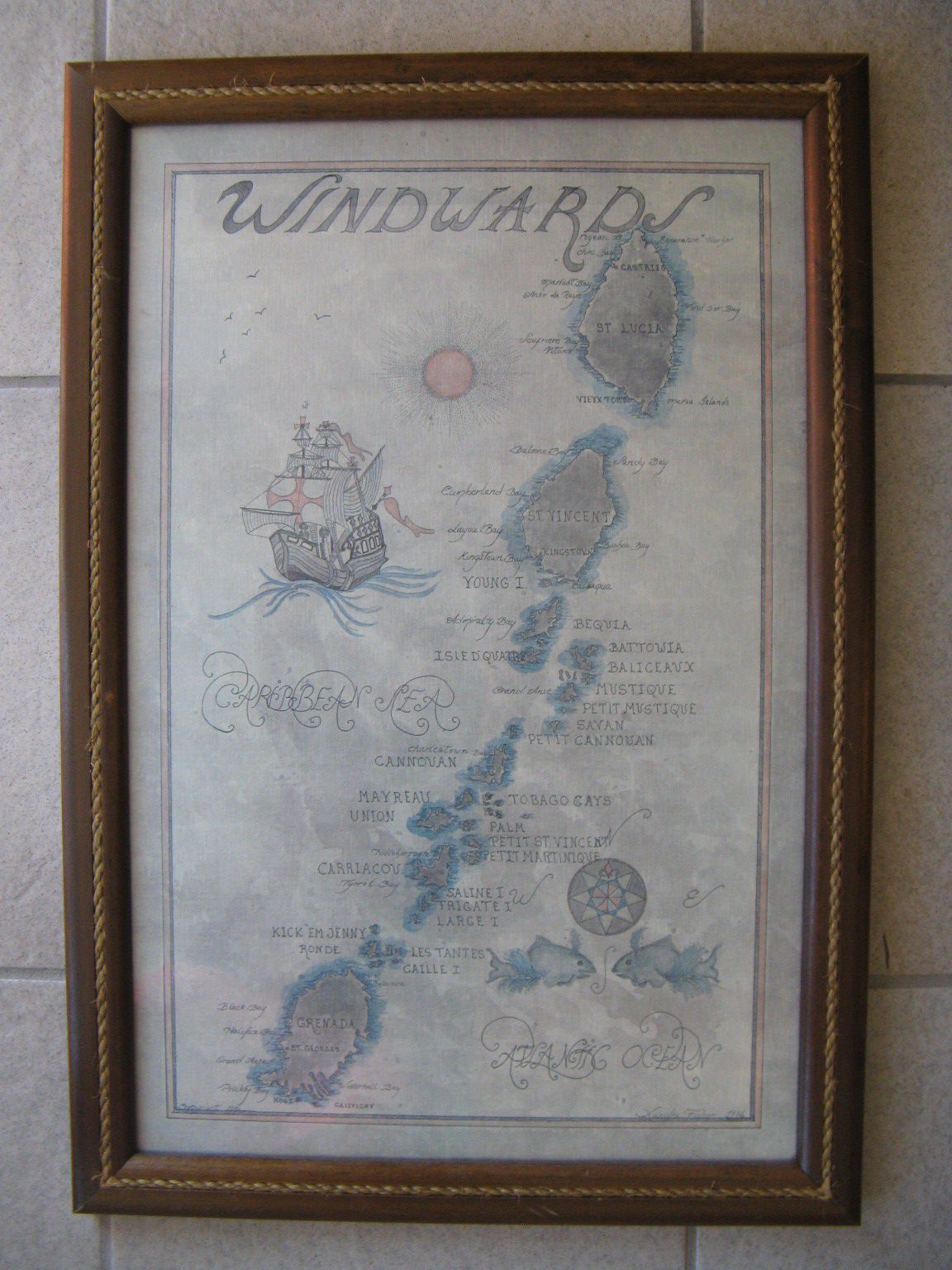 Vintage Xandra Fisher Windward Islands 1976 Map Print Framed Artwork