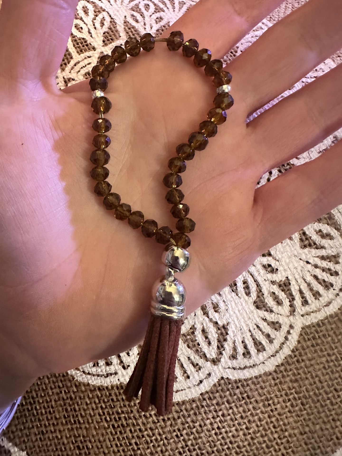 Mini Pocket 33 Faceted Glass Bead Islamic Prayer Beads Mesbiha Silver & Brown With Tassel