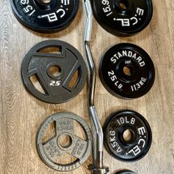 BRAND NEW Olympic Silver Curl Bar With Cooper Bearings & Weight Plates Pairs From 5s To 35s #  (Total: 170 lbs)