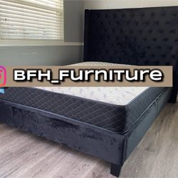 Queen Black Chanelle Wingback Platform Bed w. Orhopedic Mattress Included 