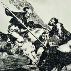 SPANIARDS HUNTED BULLS ON HORSEBACK Original Antique Vintage Fine Art GOYA Print of Etching 1960’s Spain Printed Collectible Ephemera HILLCREST