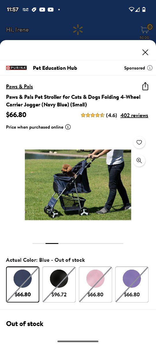 Paws & Pals Pet Stroller for Cats & Dogs Folding 4-Wheel Carrier Jogger (Navy Blue) (Smal)