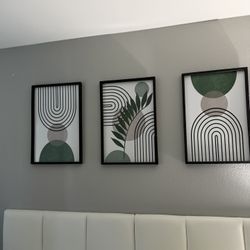 Sage Green Boho Wall Art Decor 24"x16" Set of 3 Minimalist Geometric Line Leaf Sun Moon Artwork Paintings Living Room Office Abstract Botanical Soild 