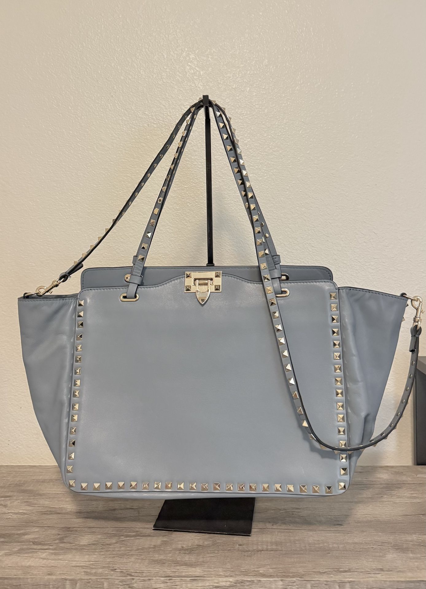 Valentino Garavani Rockstud Trapeze Tote – Large Baby Blue, Silver Hardware $450 