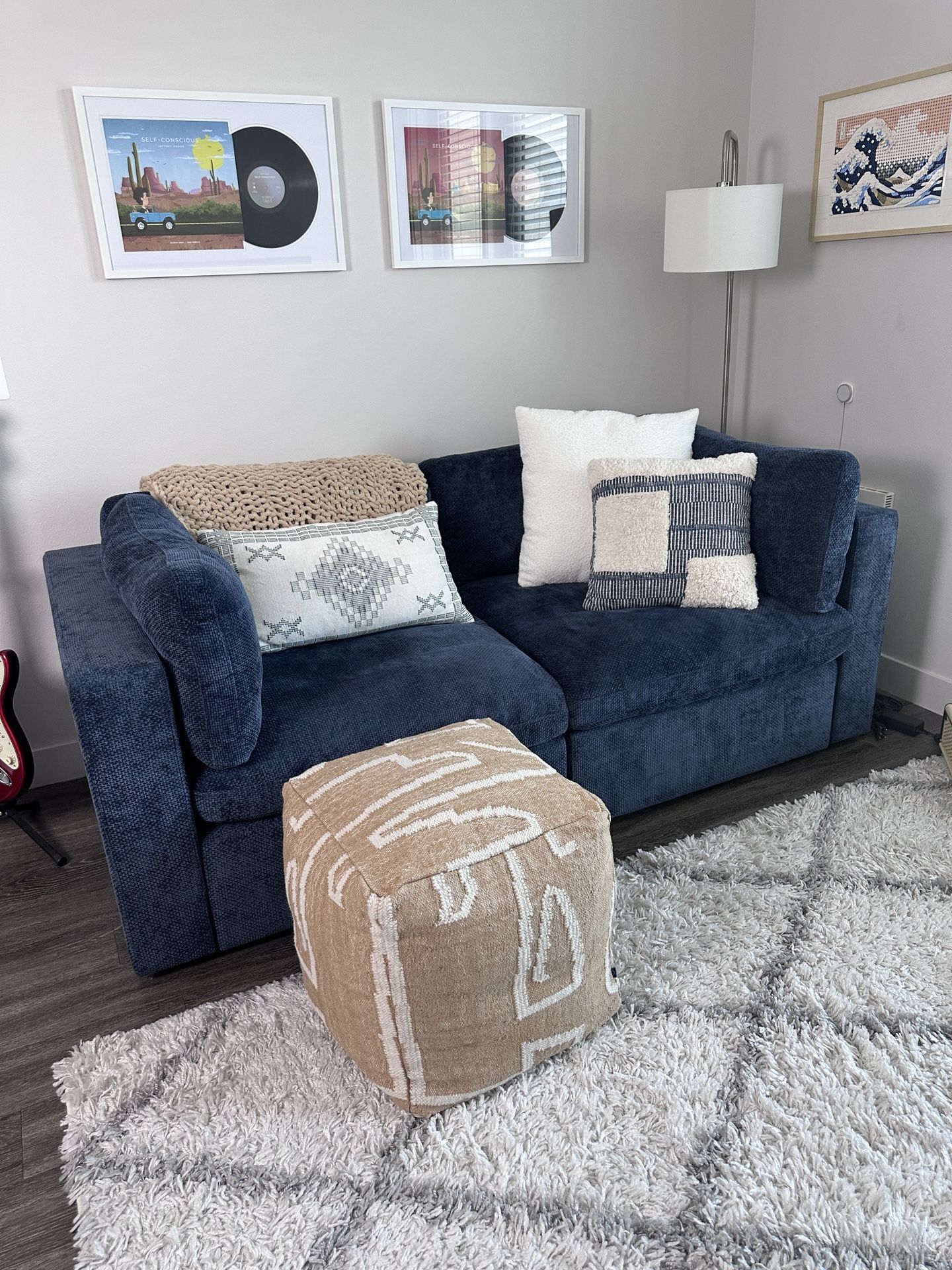 2-seater Couch COZEY Ciello XL Collection SET (Sofa, Ottoman, Throw Pillows and Throw blanket)