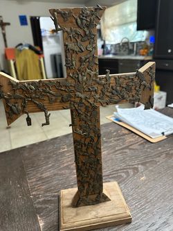 Handcrafted Wood Cross with Metal Milagros Figures