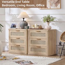 LEYAOYAO Rattan Night Stand Set of 2 with Charger Station, 23" Large 3 Drawer Boho Nightstand, Natural Wood Bedside Table Storage Cabinet, Bed Side En