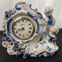 Vintage Victorian Figurine Linden Alarm Clock Blue White Gold Genuine Porcelain China Book Shelf Antique Statuette 