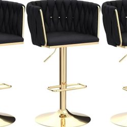 Velvet Bar Stools Set of 3, Swivel Counter Height Bar Stool with Woven Back, Gold Kitchen Bar Stools for Kitchen Island, Cafe, Pub, Bar Counter (Black