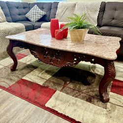 19th C. Asian Carved Rosewood and Pink Marble Coffee Table & Side Tables Set w/ Asian Hand Carved Wood Base