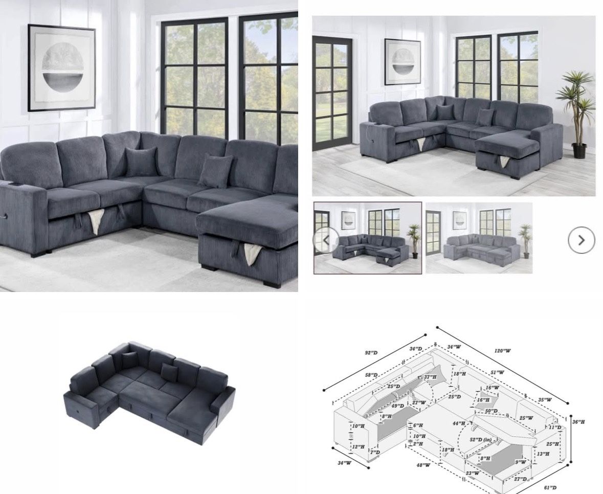 $649-4Piece Convertible Sectional  Sleeper Sofa ,Chaise Storage ,Sofa Storage & USB Ports 98” x 103” x 61” x36”H