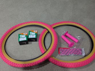 TWO NEW PINK /GUM WALL 20X 1.75 BMX BICYCLE TIRES COMP 3 STYLE, TUBES, TRIANGLE GRIPS AND PINK AND CHROME CHAIN
