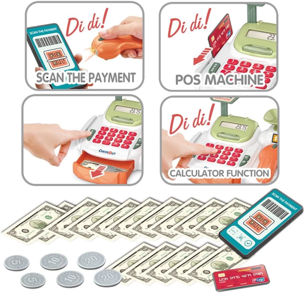 Pretend Play Cash Register Toy with Functional Caculator Cashier Scanner Toy Supermarket with Simulate Food Fruit etc Kids Grocery Store Play Money Fo