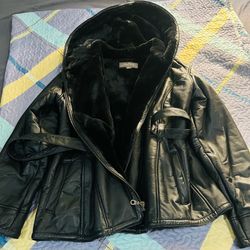 Vintage Y2K Wilsons Leather Black Genuine Leather Hooded Faux Fur Lined Belted Jacket XL
