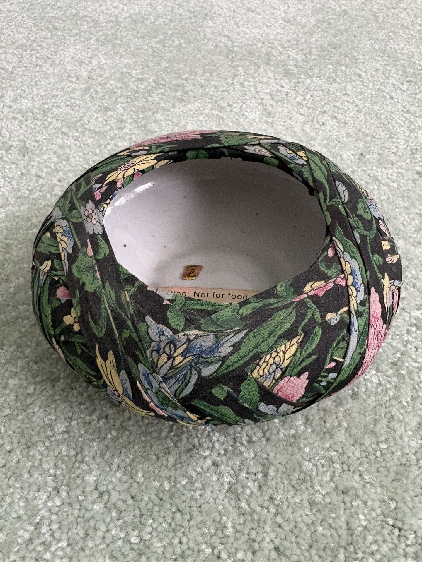 Avon Potpourri Bowl Made Of Ceramic With A Fabric Covering 2” Tall With A Diameter Of 5”