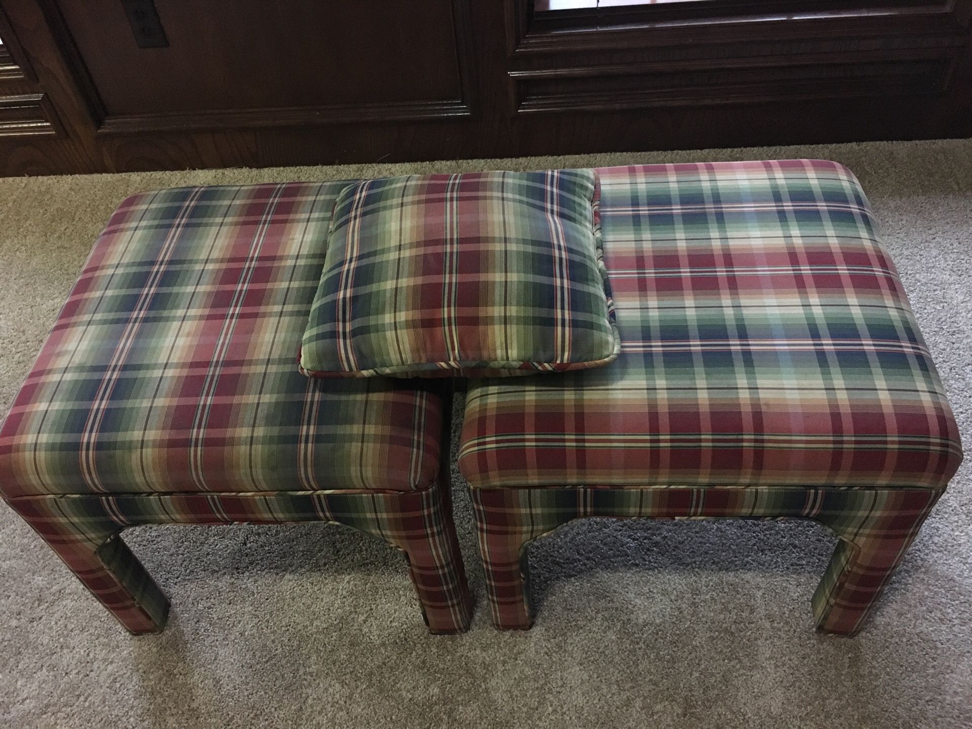 Two custom fabric upholstered benches/ red and green plaid
