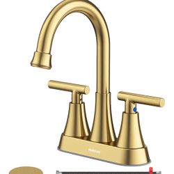 4 inch Brushed Gold Bathroom Sink Faucet with Pop-up Drain and 2 Supply Hoses, Stainless Steel Lead-Free 2-Handle Centerset Faucet for Bathroom Sink V