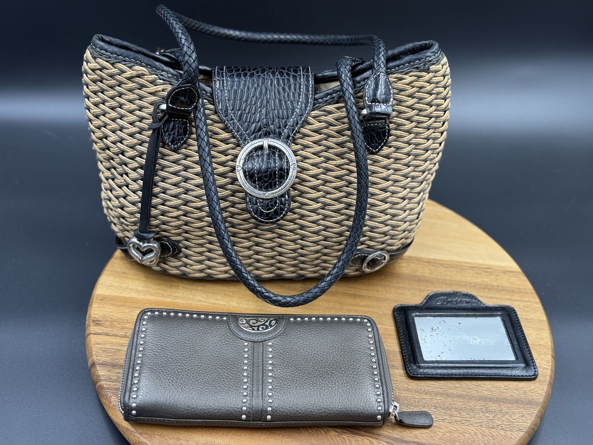 BRIGHTON Straw and Leather wallet and Purse Tricolor Weave Clean mirror