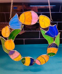 Lovely handmade stained glass and metal Easter egg/tulip wreath