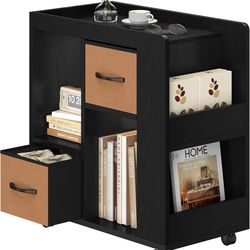 Yaheetech Modern Side Table with Wheels, 2 Foldable Fabric Drawers, Magazine Racks, Open Cubbies, Wooden Rolling End Table BRAND NEW