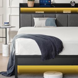 New Twin Size Bed Frame With Headboard And Led Shelf 